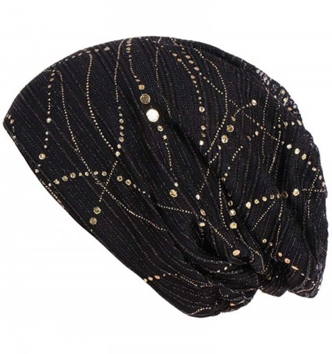 Balaclavas Women Muslim Scarf Hat Stretch Bling Turban Headwear Head Wrap Cap for Cancer Chemo - Black - CZ18I3MNQEM $11.11