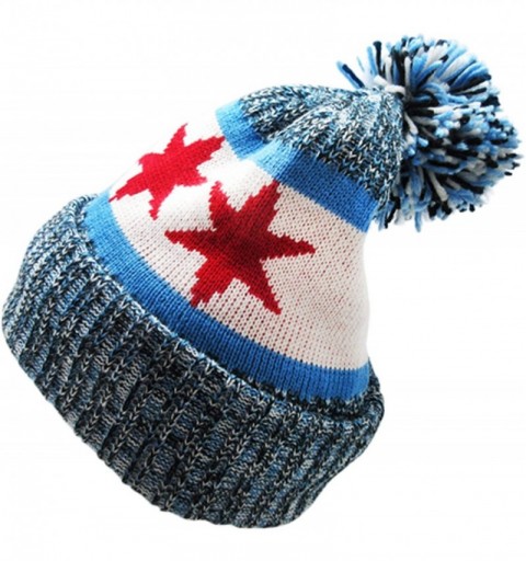 Skullies & Beanies Chicago Flag Knit Warm Fleece Insulation New Leader Era Beanie Toque Pom Hat Cap Blue - C21929MEN6K $14.44
