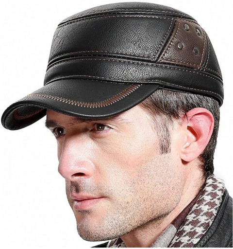 Newsboy Caps Winter Mens Leather Cap with Earflap Military Cadet Army Flat Top Hat - Black1 - CR1880Y05GC $27.20