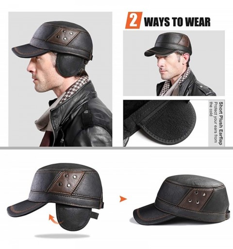 Newsboy Caps Winter Mens Leather Cap with Earflap Military Cadet Army Flat Top Hat - Black1 - CR1880Y05GC $27.20