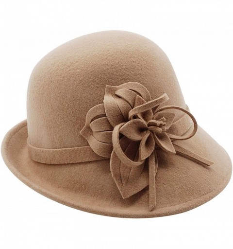 Bucket Hats 100% Wool Vintage Felt Cloche Bucket Bowler Hat Winter Women Church Hats - Flower Light Brown10 - C818K5S5YDE $27.16
