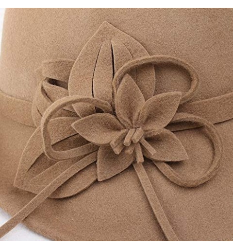 Bucket Hats 100% Wool Vintage Felt Cloche Bucket Bowler Hat Winter Women Church Hats - Flower Light Brown10 - C818K5S5YDE $27.16
