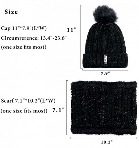 Skullies & Beanies Womens Knit Scarf Beanie Hat 2PCS Set Fleece Lined Pom Skull Cap Scarves Soft Warm Winter Gift Set - Black...