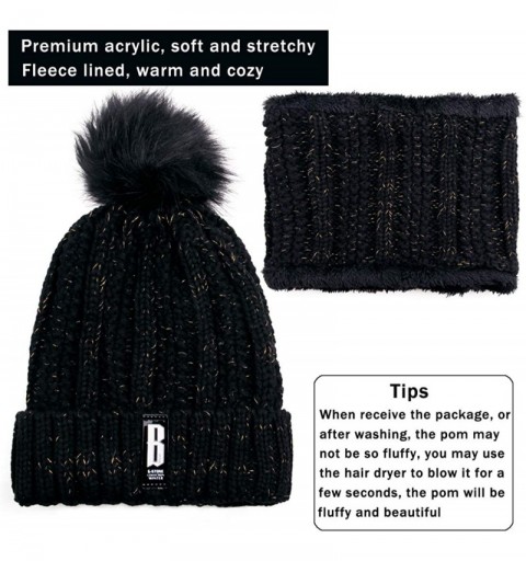 Skullies & Beanies Womens Knit Scarf Beanie Hat 2PCS Set Fleece Lined Pom Skull Cap Scarves Soft Warm Winter Gift Set - Black...