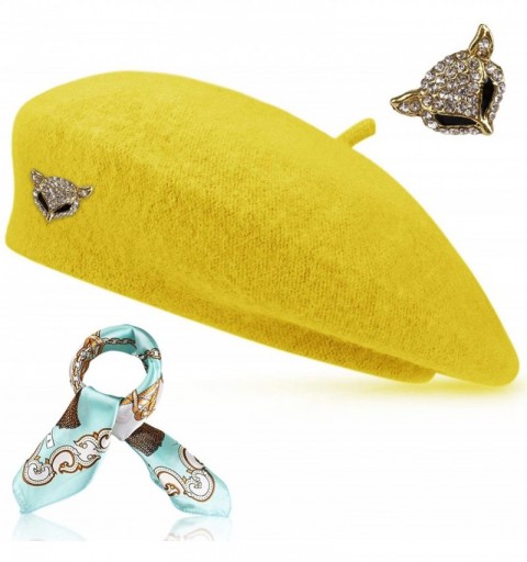 Berets Wool Beret Hat Solid Color French Artist Beret Skily Scarf Brooch - Yellow - CP18COLM9NO $7.91
