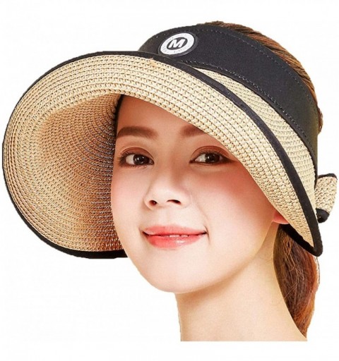 Sun Hats Women's Summer Foldable Straw Sun Visor w/Cute Bowtie UPF 50+ Packable Wide Brim Roll-Up Visor Beach Hat - C219686XX...