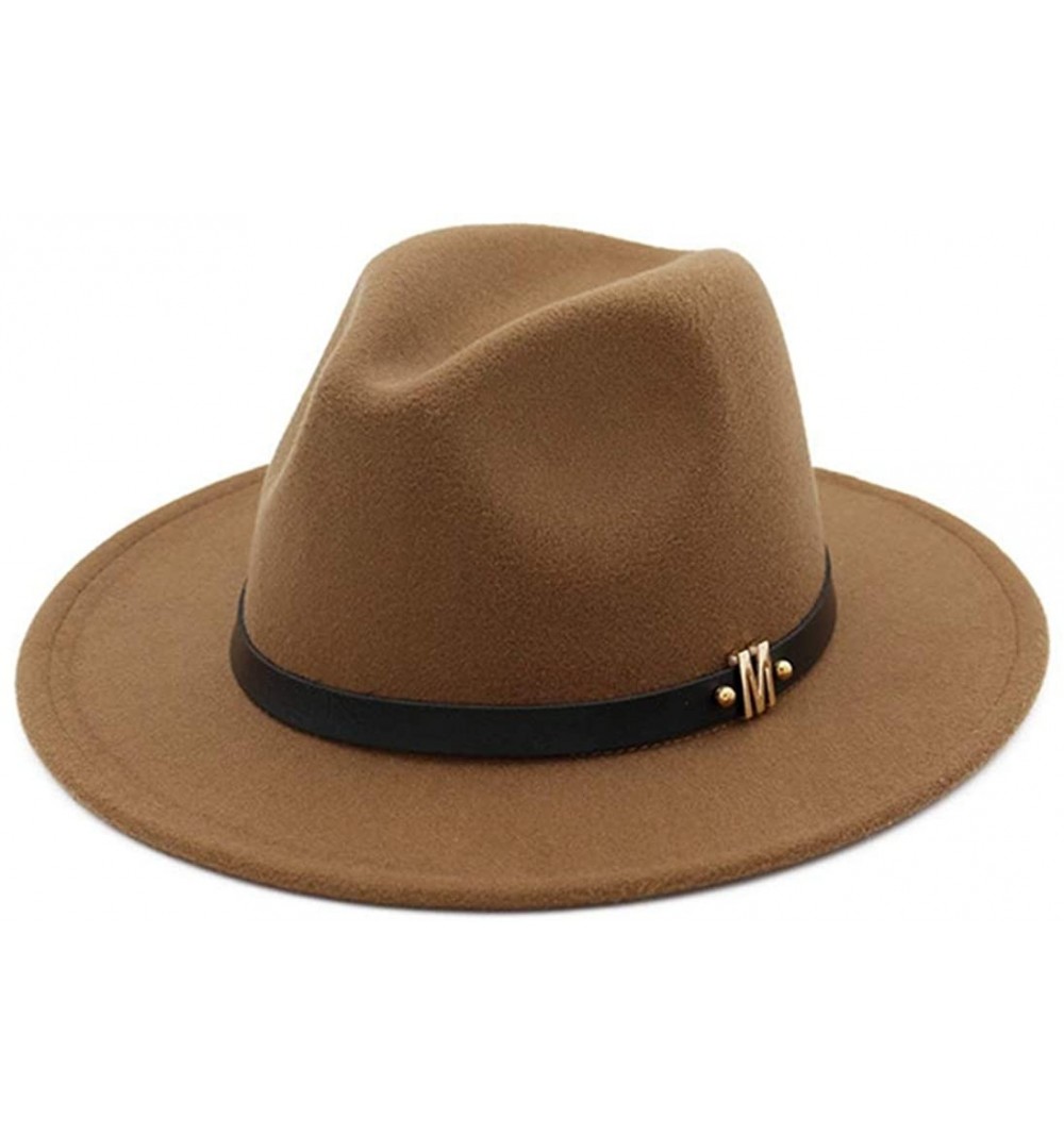 Fedoras Men's Woolen Wide Brim Fedora Hats Classic Vintage Fashion Trilby Hat Jazz Cap with Black Leather Belt - Khaki - CD18...