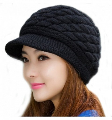 Skullies & Beanies Womens Fashion Winter Warm Knit Hat Woolen Snow Ski Caps with Visor - Black - CR126Y0V6WH $20.39