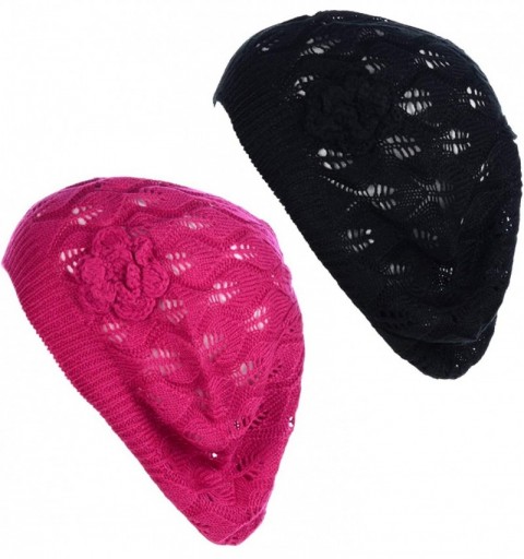 Berets Open Weave Womens Crochet Mesh Beanie Hat Flower Fashion Soft Knit Beret Cap - 2680bkfuch - C9194X3OAW9 $17.71