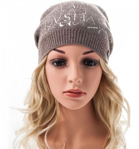 Skullies & Beanies Womens Beanie Printed Slouchy Wool - Beany for Women Knit Hats Caps Soft Warm - Coffee-silver Letter - CE1...