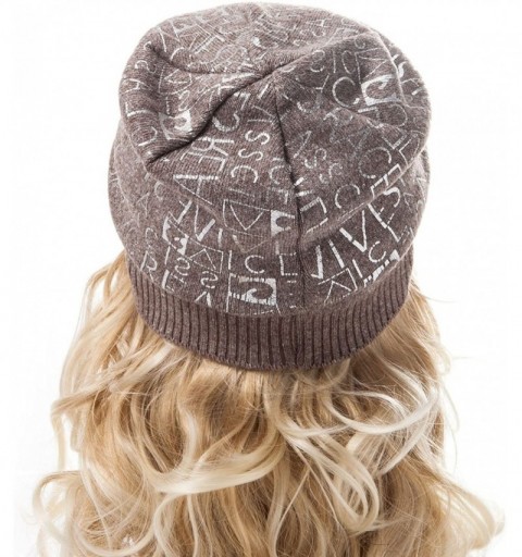 Skullies & Beanies Womens Beanie Printed Slouchy Wool - Beany for Women Knit Hats Caps Soft Warm - Coffee-silver Letter - CE1...