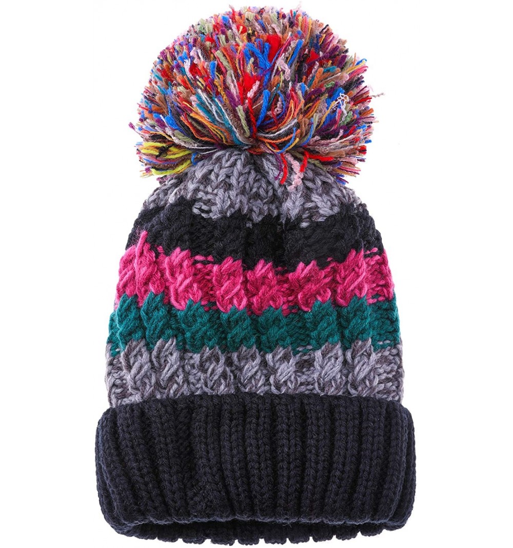 Skullies & Beanies Women Girl Winter Knit Beanie Soft Warm Fleece Lining Pompoms Hats Snow Ski Cap - Mixed Color Black - CQ18...