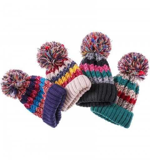 Skullies & Beanies Women Girl Winter Knit Beanie Soft Warm Fleece Lining Pompoms Hats Snow Ski Cap - Mixed Color Black - CQ18...