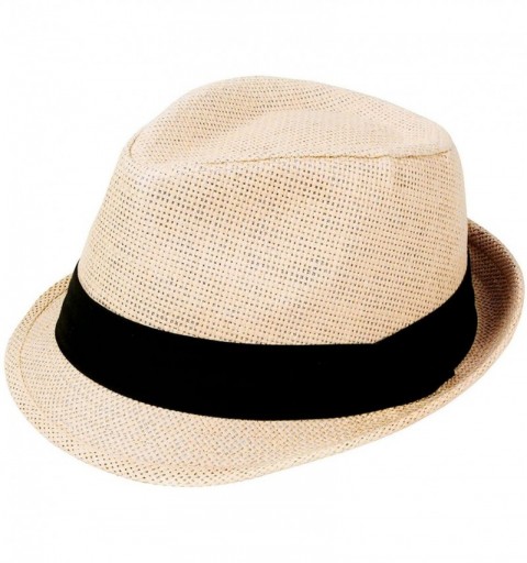 Fedoras Unisex Summer Straw Structured Fedora Hat w/Cloth Band - Natural - CG189YRAH2U $18.70