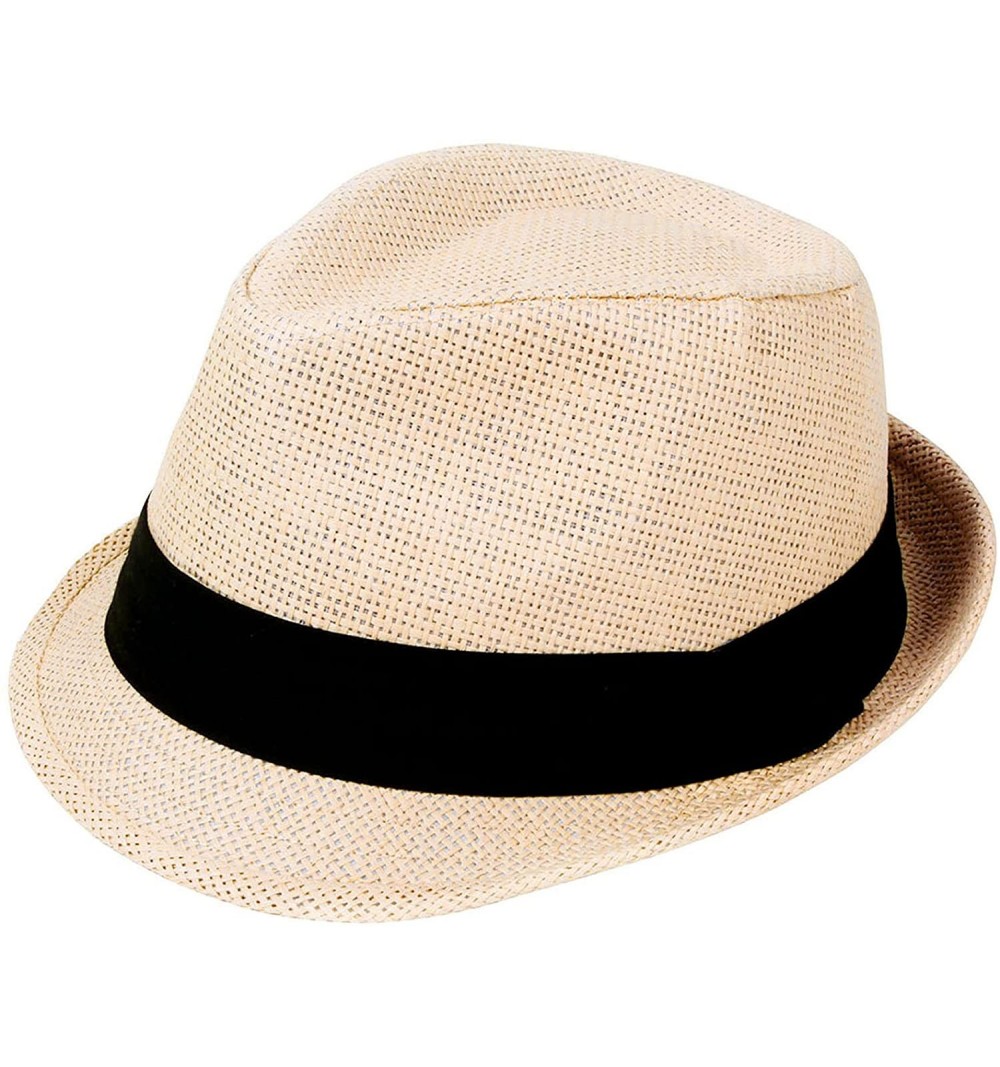 Fedoras Unisex Summer Straw Structured Fedora Hat w/Cloth Band - Natural - CG189YRAH2U $18.70