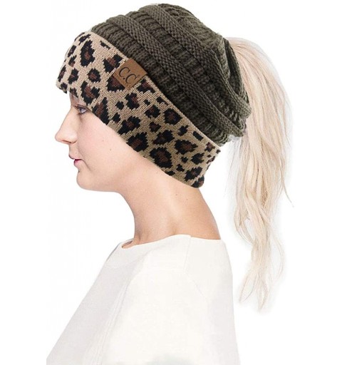 Skullies & Beanies Women Classic Solid Color with Leopard Cuff Ponytail Messy Bun Beanie Skull Cap - New Olive - CA18K70UOTQ ...