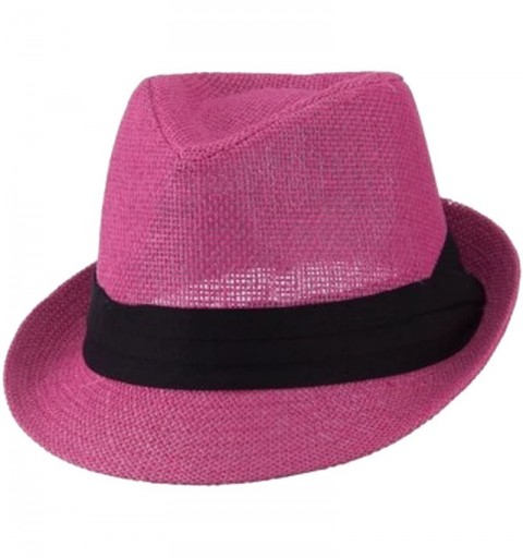 Fedoras Mens 3 Layer Pleated Band Solid Color Straw Fedora - Fuchsia - CK11WTEU205 $20.22