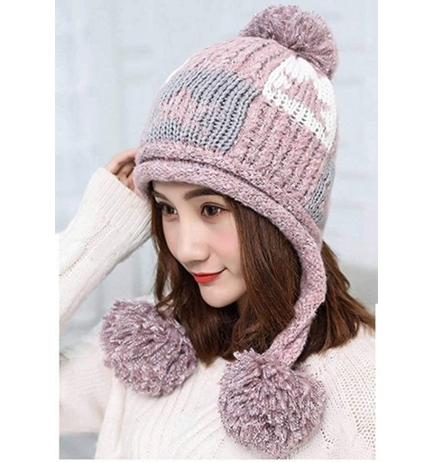 Skullies & Beanies Women Winter Thick Beanie Hat Warm Cable Knitted Ski Earflaps Pom Pom Caps - Pink - CC18K6ODD68 $12.15