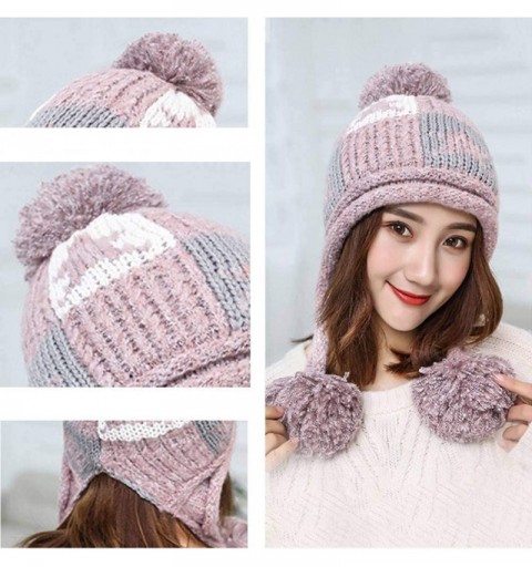 Skullies & Beanies Women Winter Thick Beanie Hat Warm Cable Knitted Ski Earflaps Pom Pom Caps - Pink - CC18K6ODD68 $12.15