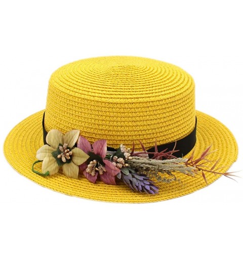 Sun Hats Women Straw Boater Hat Summer Beach Sun Sailor Bowler Cap w/Flower Hatband - Yellow - C518TH3GG68 $19.48