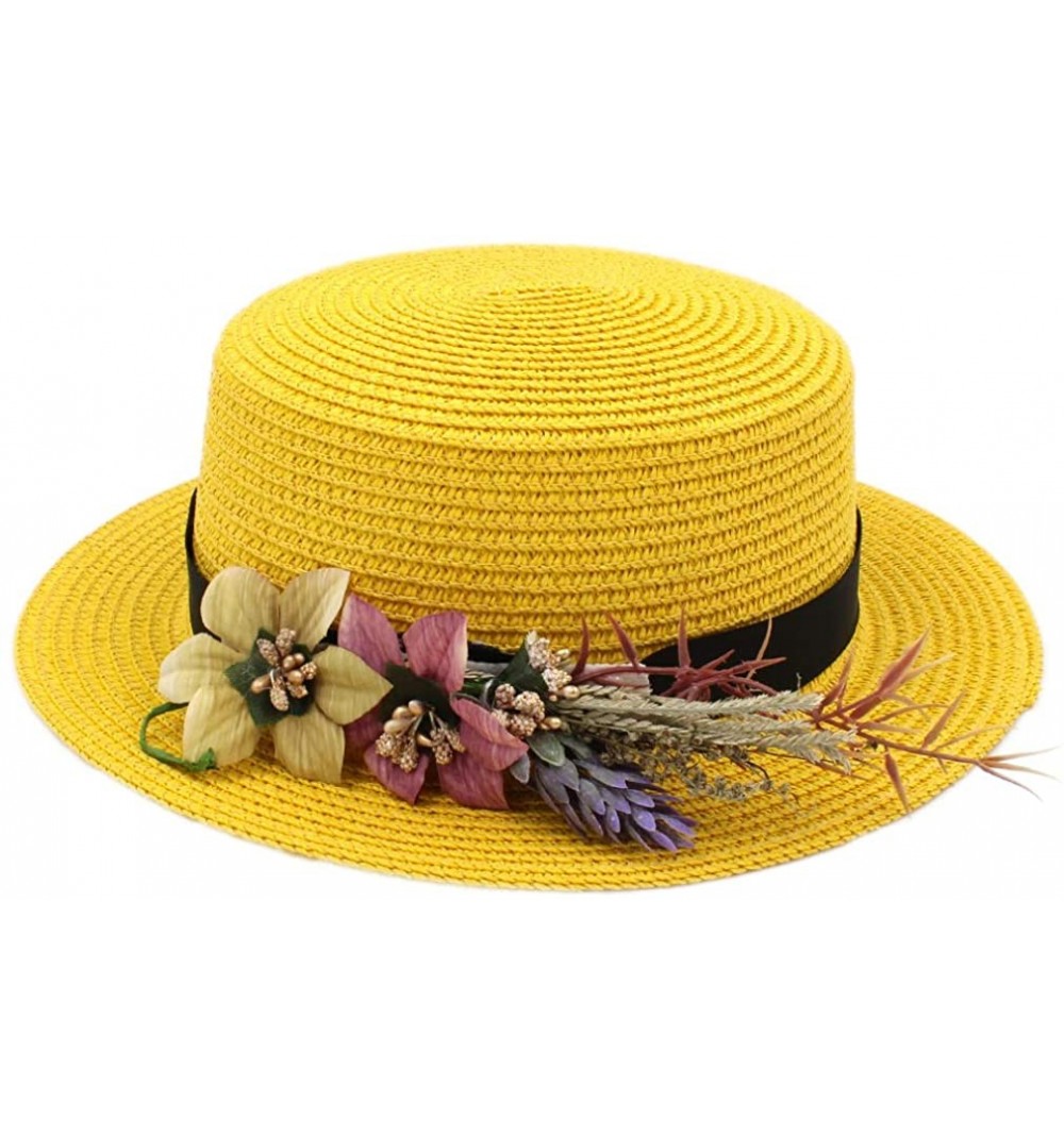 Sun Hats Women Straw Boater Hat Summer Beach Sun Sailor Bowler Cap w/Flower Hatband - Yellow - C518TH3GG68 $8.16