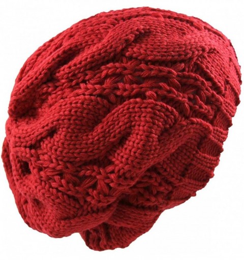 Berets Warm Chuncky Knit Over Size Cable Beanie Beret- Red - CP11VC7YKBR $11.42