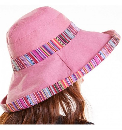 Sun Hats Wide Brim Cotton Linen Hats Women's Bucket Hat Sun Protection Hats with Strap - Dark Pink(tw) - C418T3S584Y $15.33