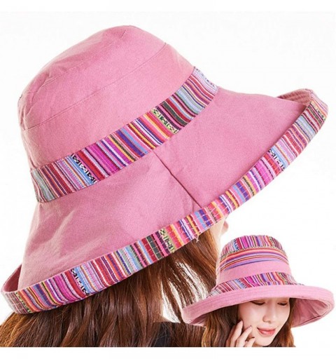Sun Hats Wide Brim Cotton Linen Hats Women's Bucket Hat Sun Protection Hats with Strap - Dark Pink(tw) - C418T3S584Y $15.33