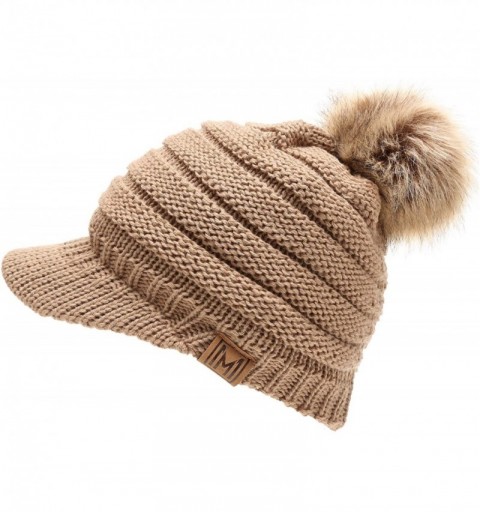 Skullies & Beanies Women's Soft Warm Ribbed Knit Visor Brim Pom Pom Beanie Hat with Plush Lining - Taupe - CV18HE0EGWQ $16.55