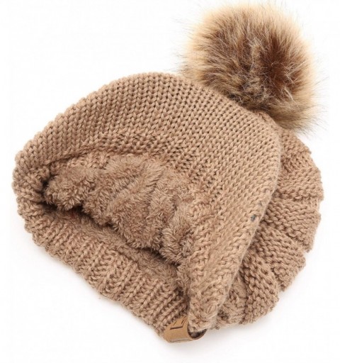 Skullies & Beanies Women's Soft Warm Ribbed Knit Visor Brim Pom Pom Beanie Hat with Plush Lining - Taupe - CV18HE0EGWQ $16.55