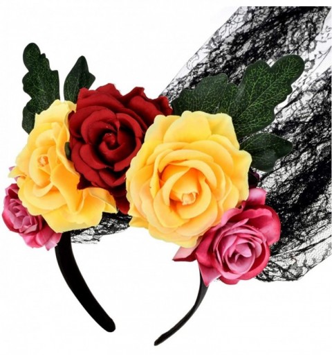 Headbands Day of The Dead Headband Costume Rose Flower Crown Mexican Headpiece BC40 - Lace Yellow Red - CN18Y68LQNL $17.04