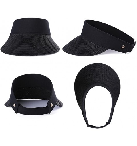 Sun Hats Rollup Straw Sun Visor Foldable Wide Brim Travel Hat Freesize Ponytail Fashion - 99953_black - CM18RTE9WHH $16.56