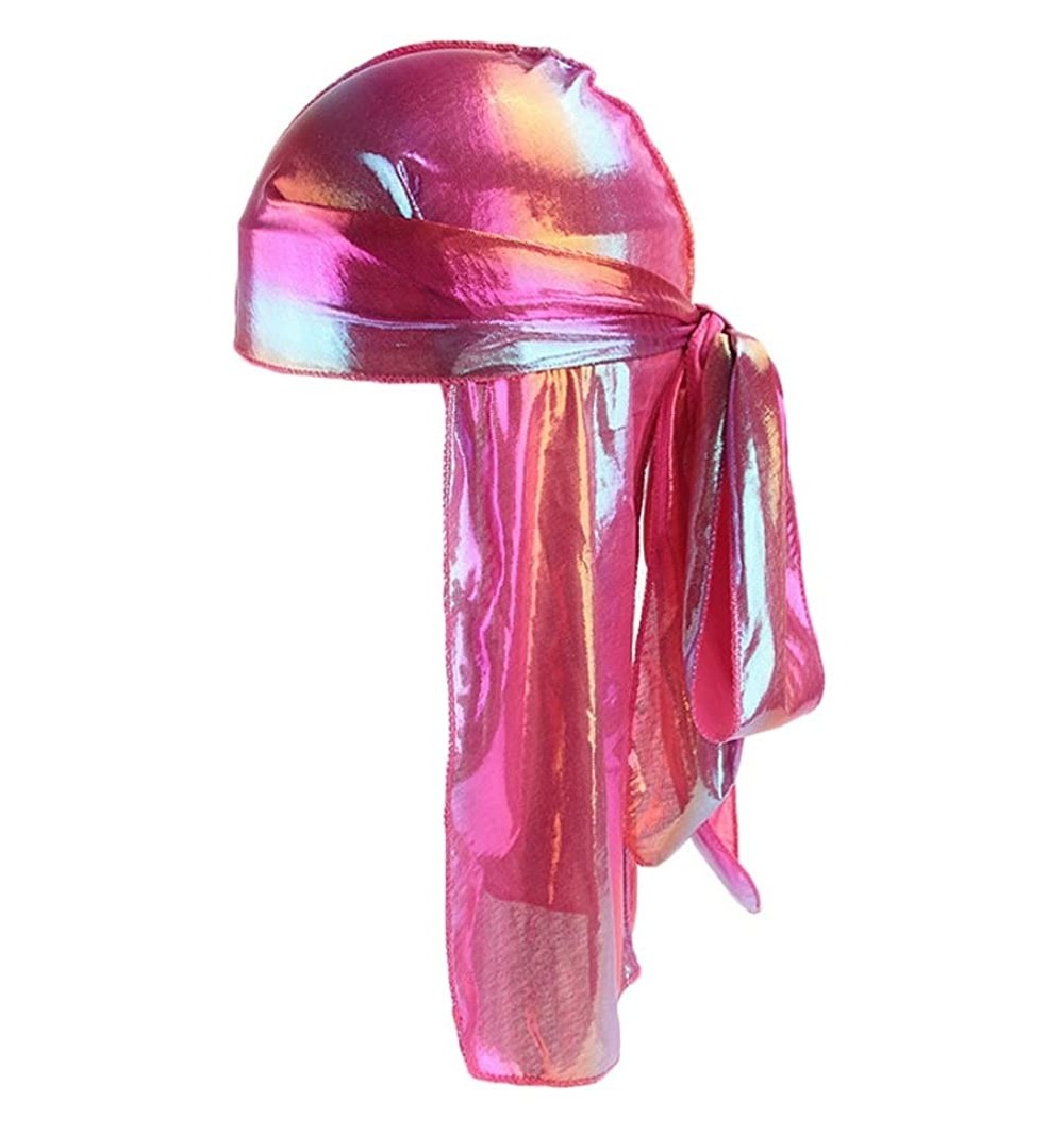 Skullies & Beanies Silky Durags for Men/Womens Waves Cap-Extra Long-Tail Hologram Headwraps for 360 Waves - A1 - Rose Red - C...