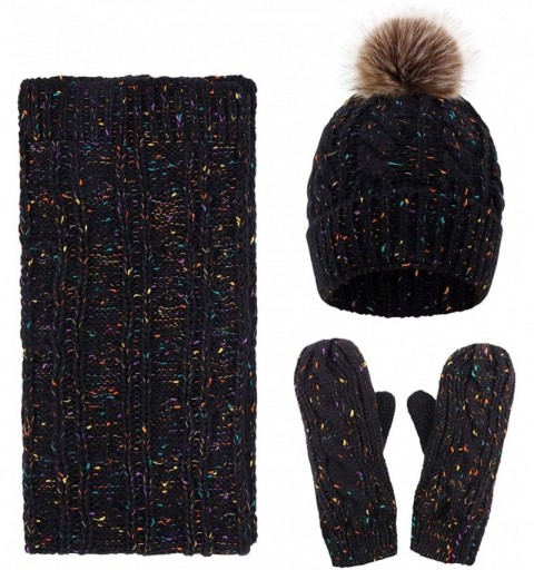 Skullies & Beanies 3 in 1 Women Soft Warm Thick Cable Knitted Hat Scarf & Gloves Winter Set - Mix Black Gloves W/ Lined - CP1...