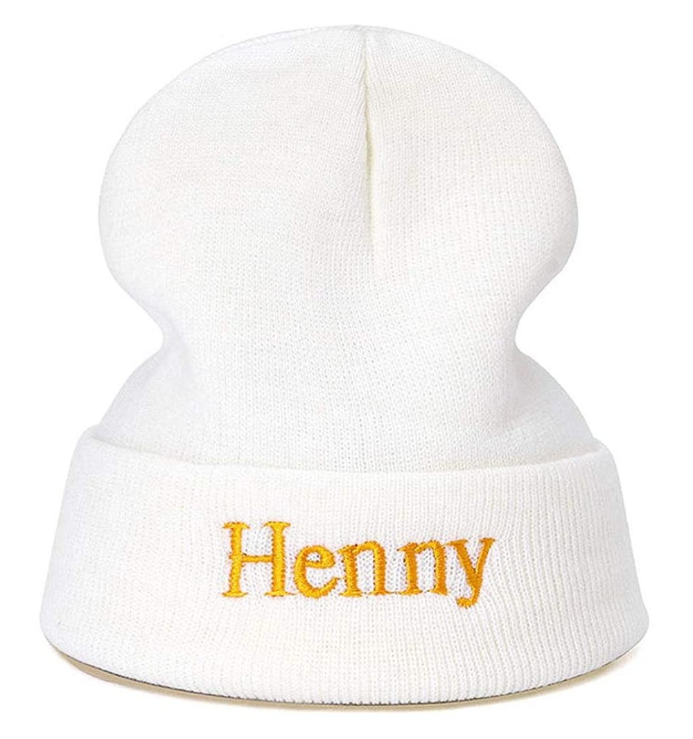 Skullies & Beanies Henny Beanie Hat- Skull-Cap - Cuffed Knit Embroidery Winter Warm Slouchy Hats Ski Cap - White - C018IO22OY...