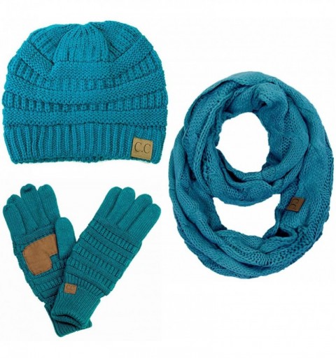 Skullies & Beanies 3pc Set Trendy Warm Chunky Soft Stretch Cable Knit Beanie Scarves Gloves Set - Teal - CR187GOUCRH $39.41