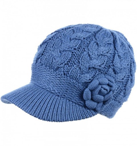 Newsboy Caps Women's Winter Fleece Lined Elegant Flower Cable Knit Newsboy Cabbie Hat - Denim Blue Cable Flower - CP18IILDK5L...