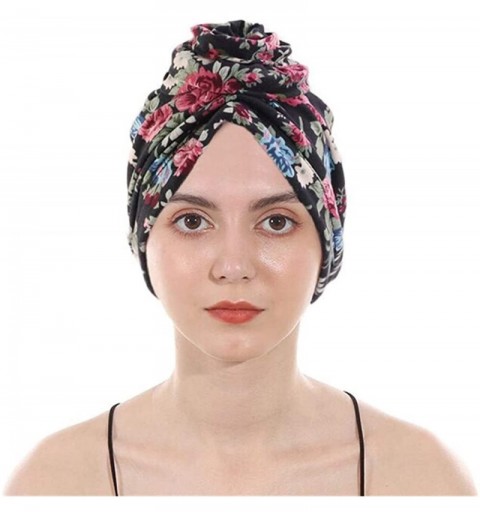 Skullies & Beanies New Women's Cotton Flower Elastic Turban Beanie Pre-Tied Bonnet Chemo Cap Hair Loss Hat - Black Flower - C...