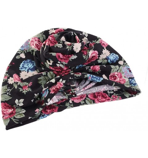 Skullies & Beanies New Women's Cotton Flower Elastic Turban Beanie Pre-Tied Bonnet Chemo Cap Hair Loss Hat - Black Flower - C...