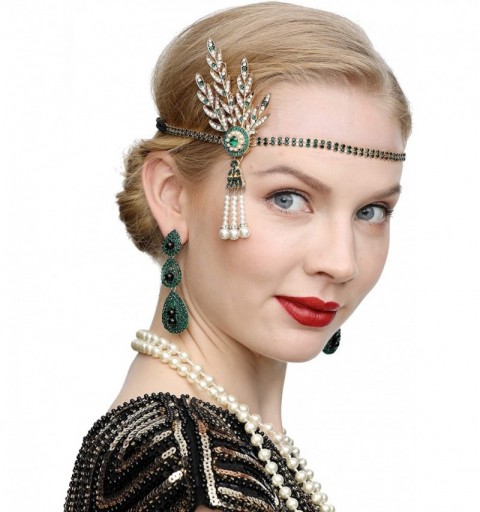 Headbands Art Deco 1920s Flapper Great Gatsby Leaf Wedding Bridal Tiara Pearl Headpiece Headband - T-green - C318WY2305O $14.08