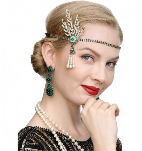 Headbands Art Deco 1920s Flapper Great Gatsby Leaf Wedding Bridal Tiara Pearl Headpiece Headband - T-green - C318WY2305O $14.08