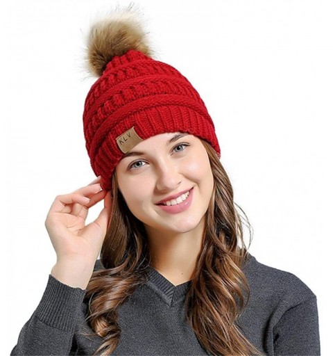 Skullies & Beanies Men Women Winter Warm Knitting Beanie Hat Faux Fur Pom Pom Crochet Ski Caps - Wine Red - CA18GEH03G0 $11.71