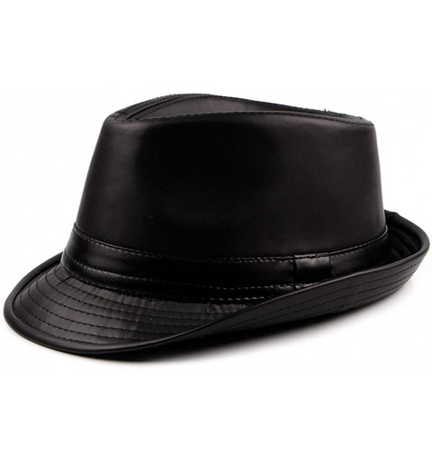 Fedoras PU Leather Trilby Fedoras Panama Jazz-Hat Short Brim Bowler Hat - Black - CW18ME8OLRH $19.50