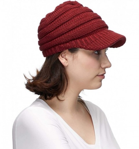 Visors Hatsandscarf Exclusives Women's Ribbed Knit Hat with Brim (YJ-131) - Burgundy With Ponytail Holder - CH18XIMC93O $12.75