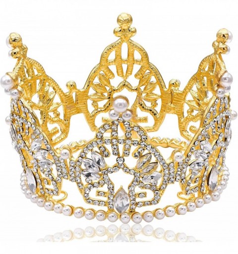 Headbands MiniI Bun Tiara Hair Crown Faux Pearl Austrian Rhinestone Cake Topper M2313G Gold - Gold Color - CU1898Q0ZIM $16.52