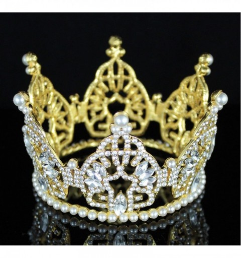 Headbands MiniI Bun Tiara Hair Crown Faux Pearl Austrian Rhinestone Cake Topper M2313G Gold - Gold Color - CU1898Q0ZIM $16.52
