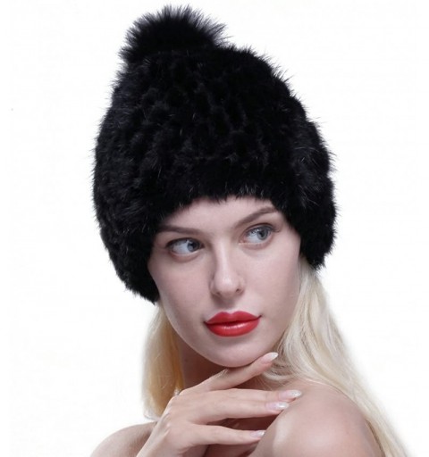 Skullies & Beanies Women Winter Hat Knit Mink Fur Beanie Cap with Fox Pom Pom Multicolor - Black - CM12N0F2G8D $39.59