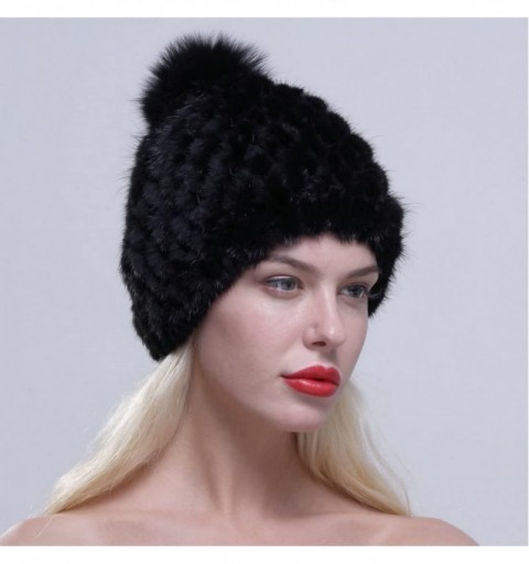 Skullies & Beanies Women Winter Hat Knit Mink Fur Beanie Cap with Fox Pom Pom Multicolor - Black - CM12N0F2G8D $39.59