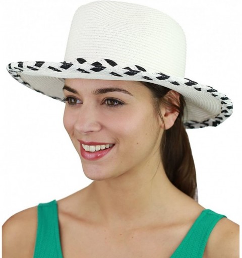 Sun Hats Two Tone Braided Trim Paper Woven Panama Fedora Summer Sun Hat - White - CW17YKEUDY2 $12.33