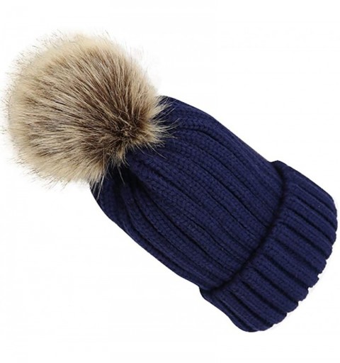 Skullies & Beanies Womens Winter Warm Knitted Pom Pom Beanie Hat with Hair Tie - Navy - CP18KASCAHZ $14.61